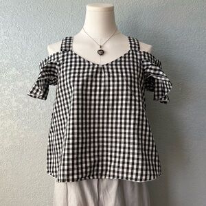 Black White Gingham Ruffle Cold Shoulder Crop Top Cottagecore Size S